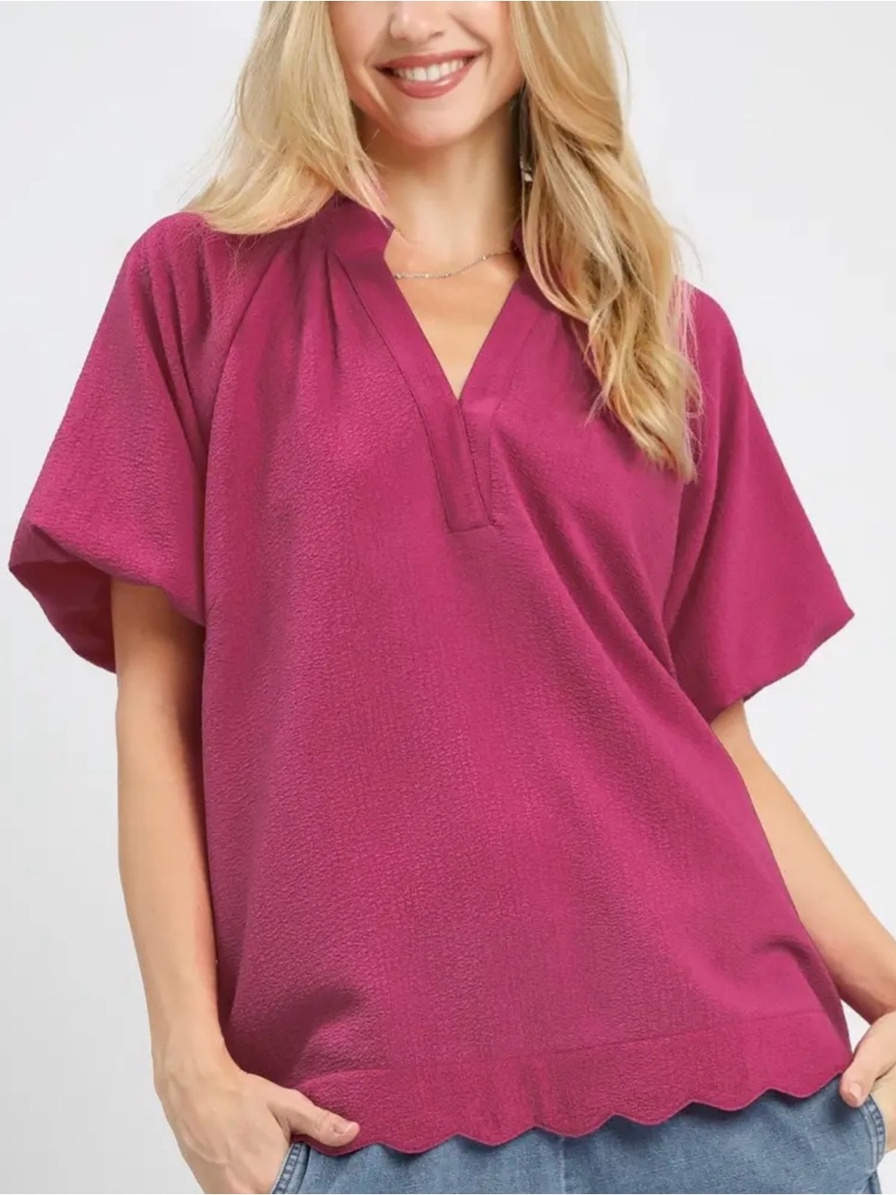 Umgee Raspberry Split V-Neck Short Sleeve Blouse